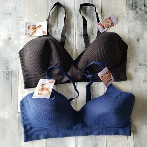 NWT - Hanes Cool Comfort Set of 2 Blue and Black Wire Free Bras - Size 2XL